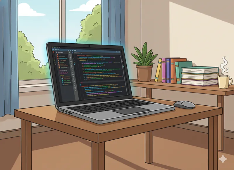 Cartoon computer with code on the screen